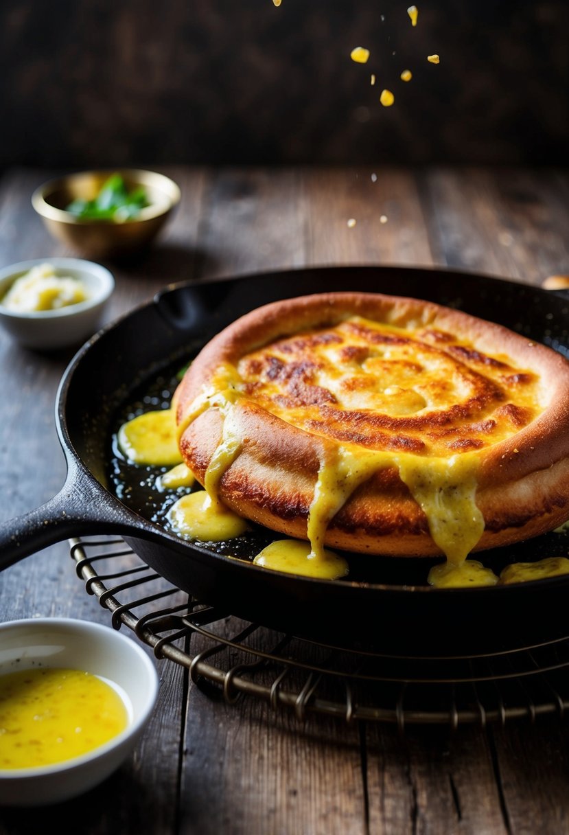 A golden-brown kulcha sizzling on a hot skillet, with melted garlic butter dripping down the sides