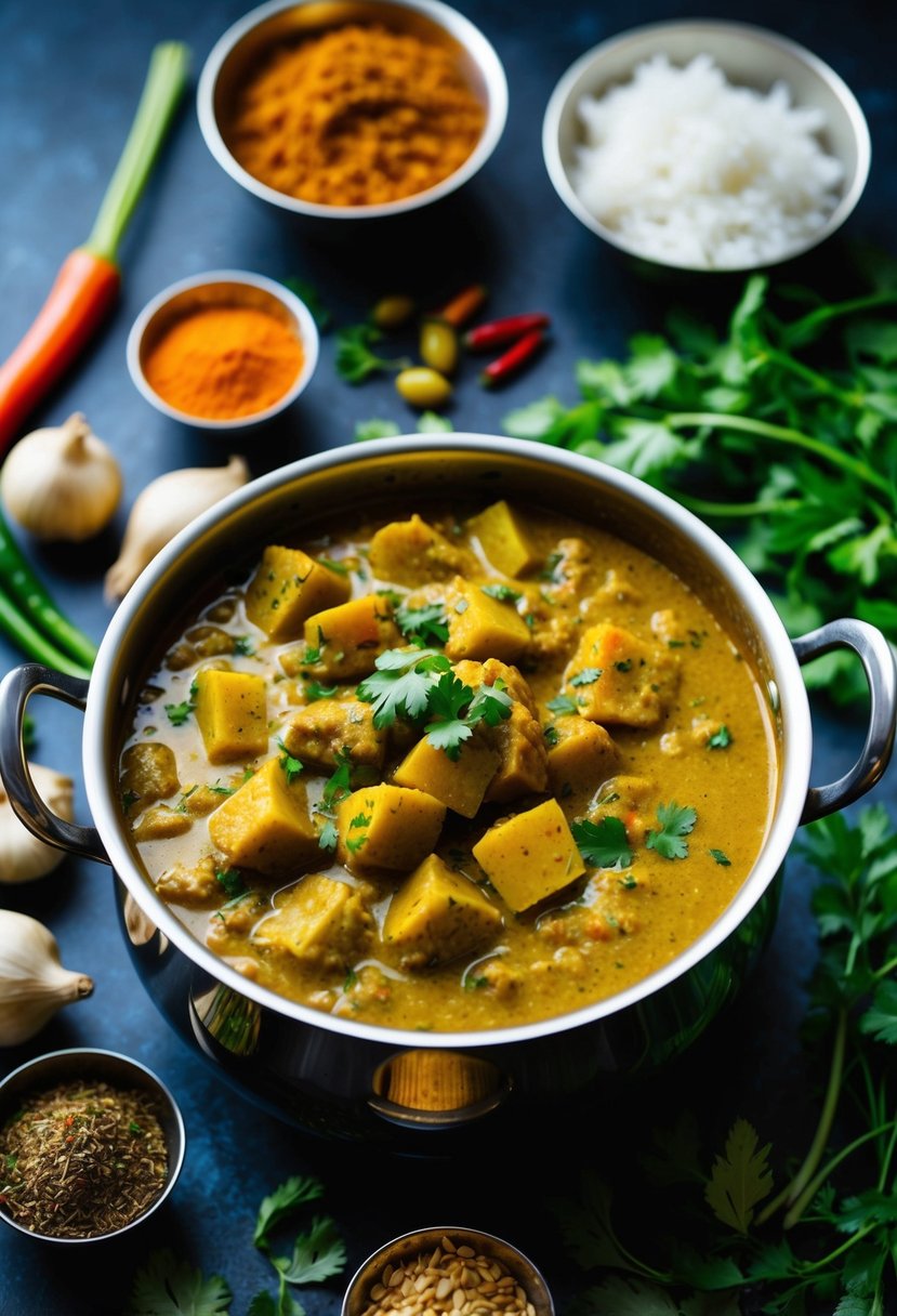 A steaming pot of Aloo Gobi curry surrounded by vibrant spices and fresh ingredients