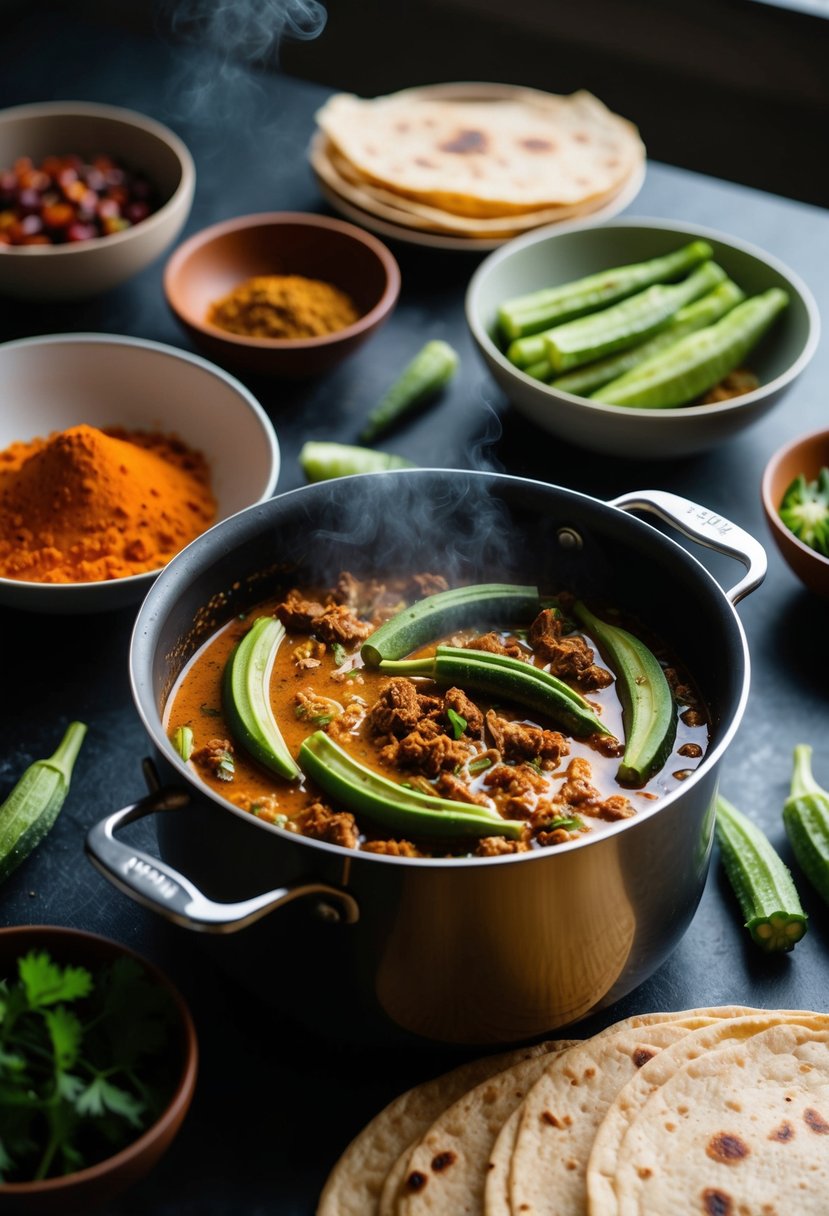 A pot simmering with aromatic spices and okra, surrounded by bowls of fresh ingredients and a stack of roti