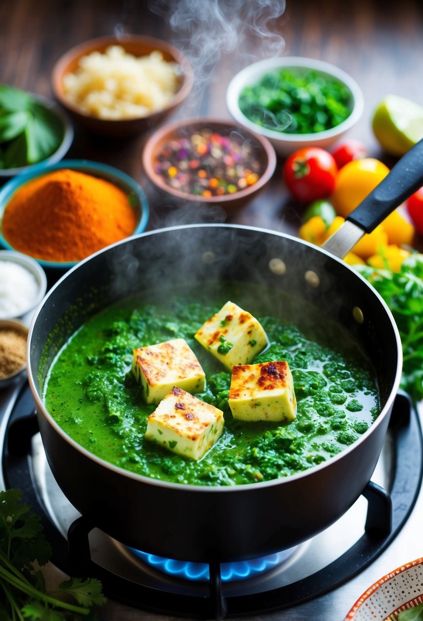 A steaming pot of palak paneer simmering on a stove, surrounded by vibrant spices and fresh ingredients