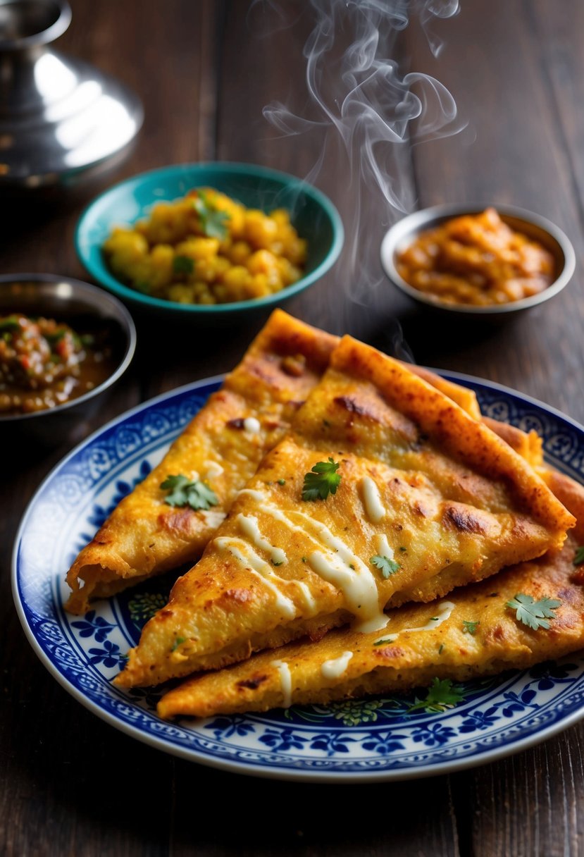 A steaming hot Aloo Kulcha being served with a side of spicy chutney on a traditional Indian plate