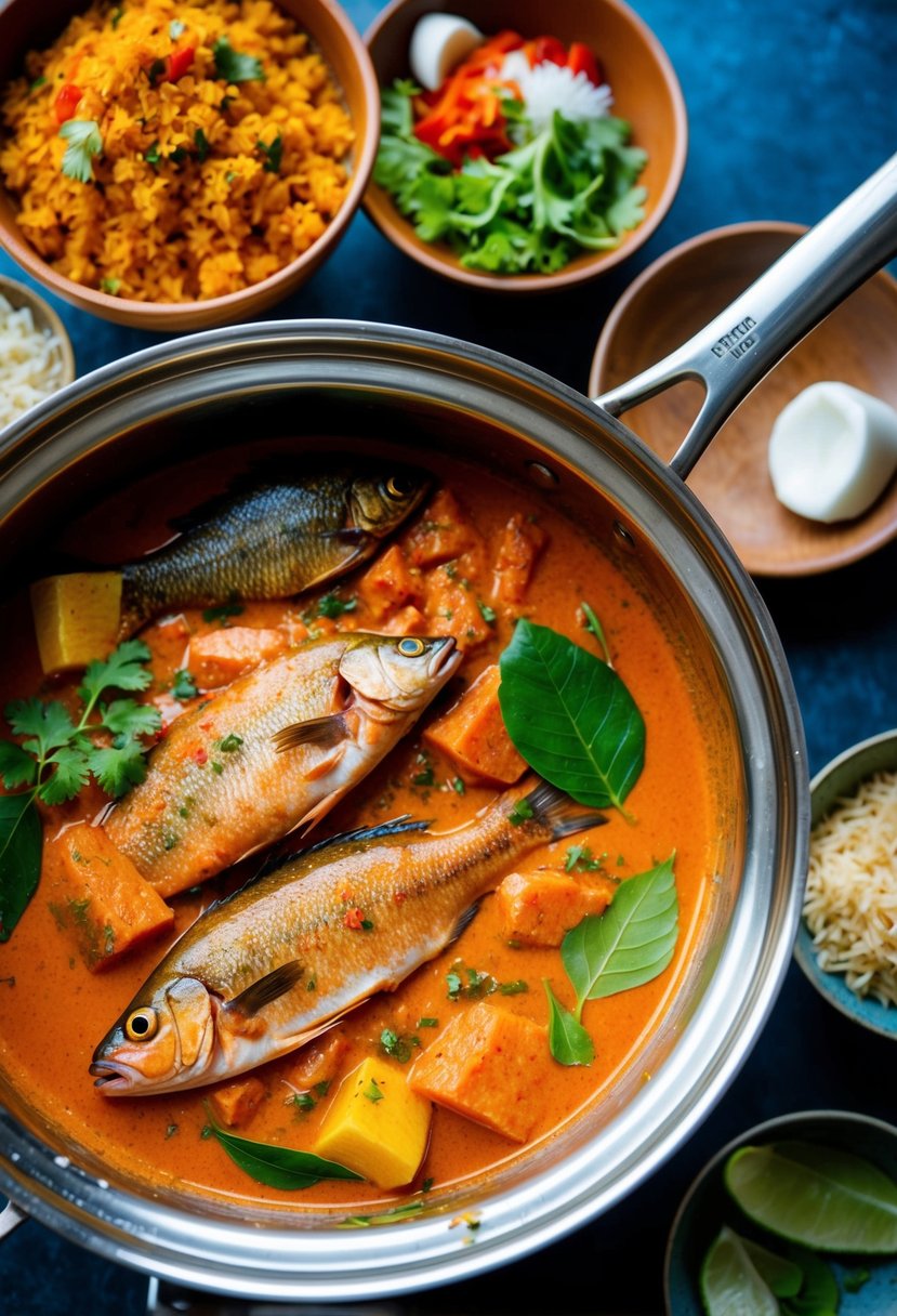 A colorful array of spices, coconut milk, and fresh fish simmer in a vibrant red curry sauce in a traditional Indian cooking pot