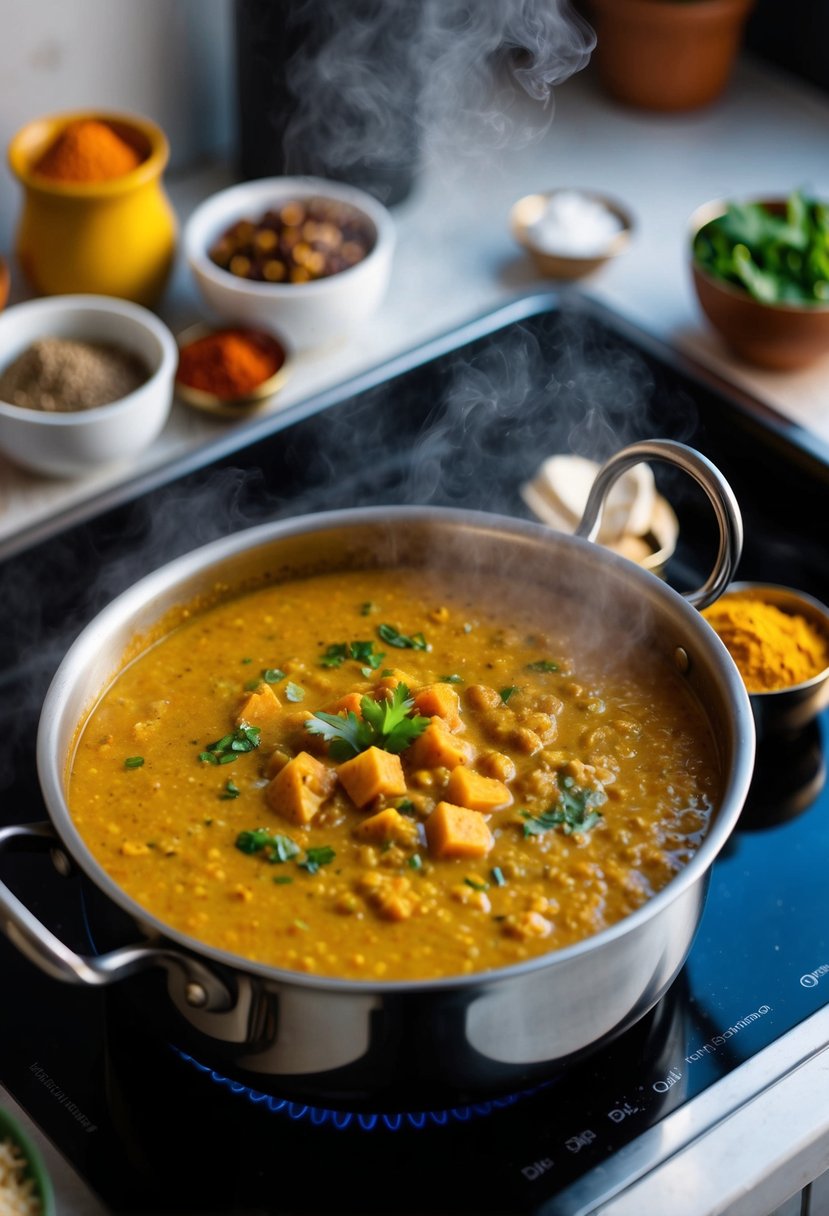 A steaming pot of Dal Makhani simmers on a stovetop, surrounded by various spices and ingredients