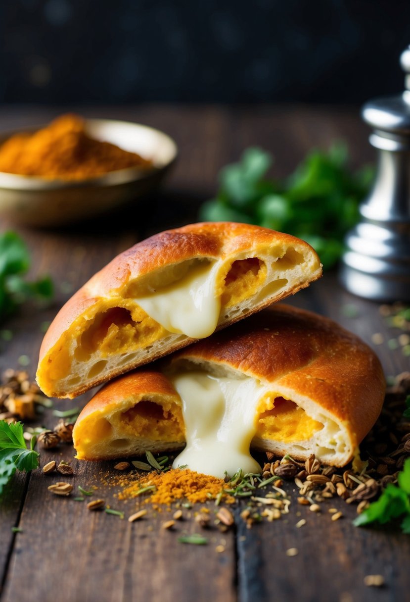 A golden-brown kulcha split open to reveal oozing cheese filling, surrounded by aromatic spices and herbs