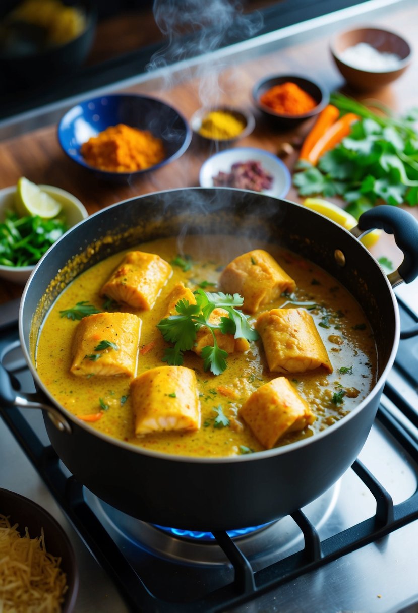 A steaming pot of Fish Moilee curry simmers on a stove, surrounded by vibrant spices and fresh ingredients