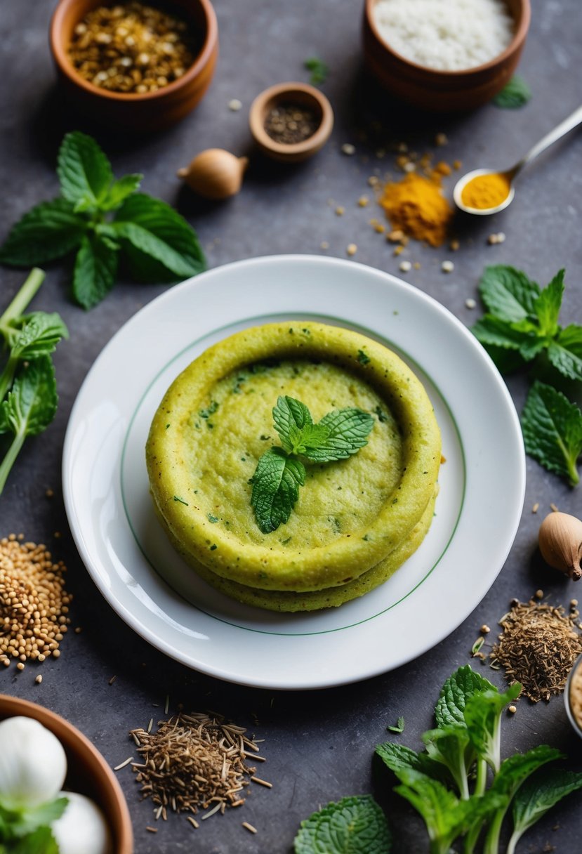 A plate of freshly baked minty pudina kulcha surrounded by aromatic spices and herbs