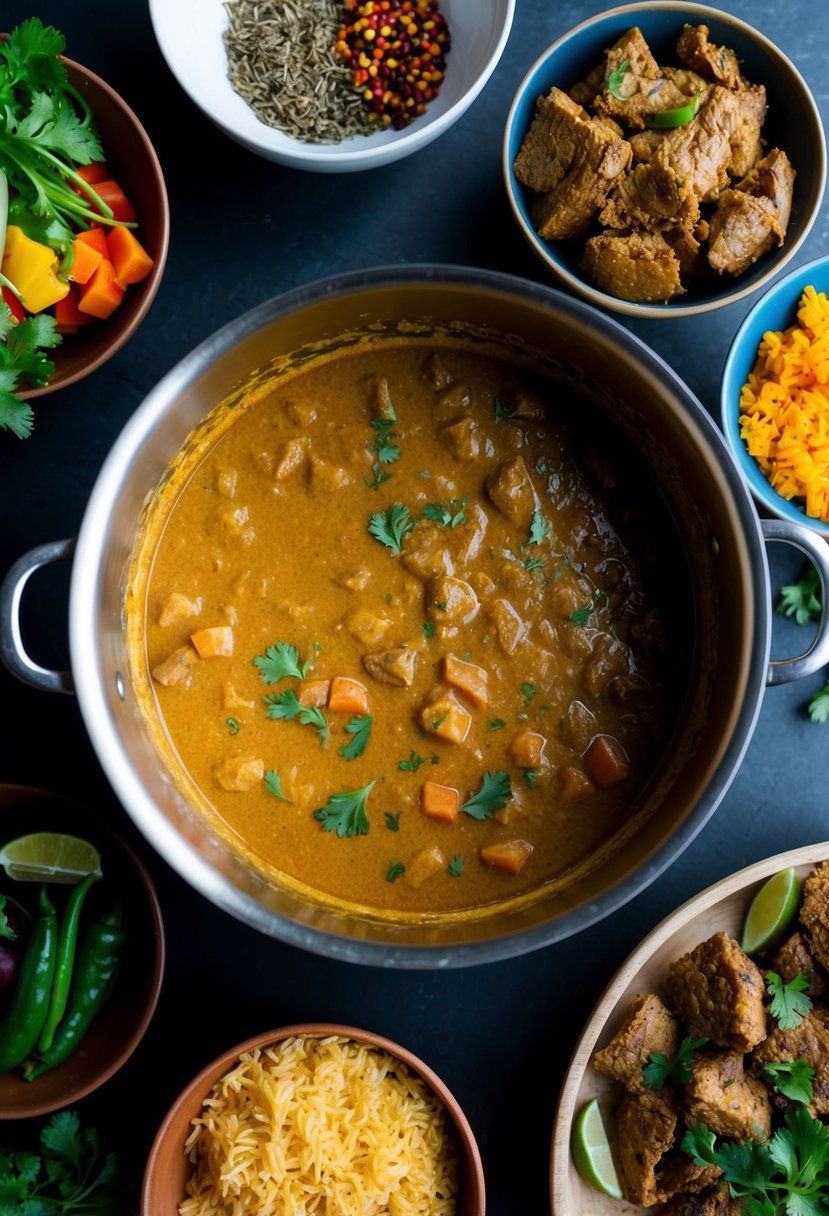 A pot simmering with fragrant spices and creamy curry sauce, surrounded by bowls of colorful ingredients like vegetables, meat, and rice