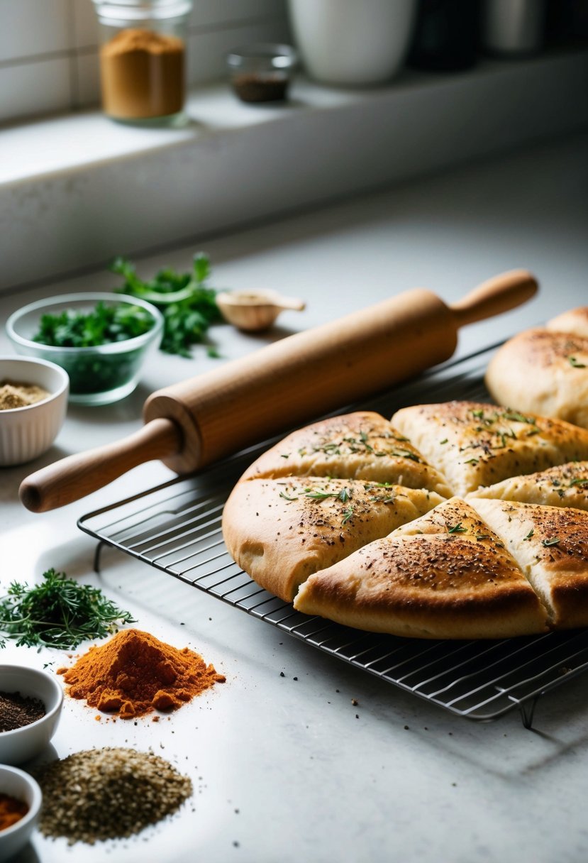 A kitchen counter with assorted herbs and spices scattered around, a rolling pin, and freshly baked kulcha bread cooling on a wire rack