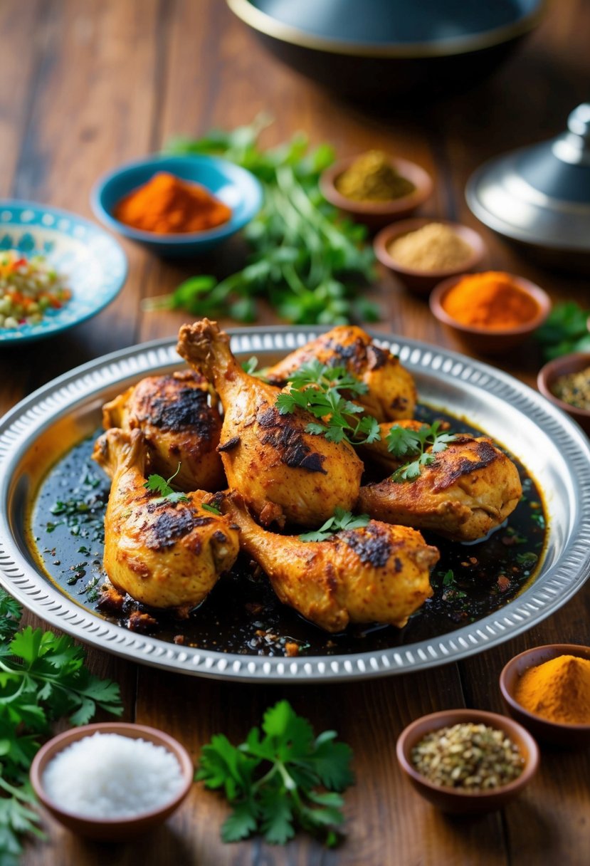 A sizzling plate of tandoori chicken surrounded by vibrant spices and herbs