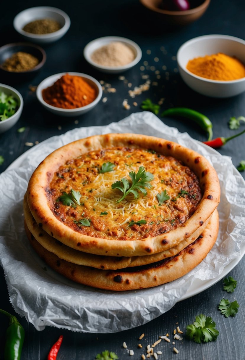 A table with freshly baked onion and chili kulcha, surrounded by scattered ingredients and spices