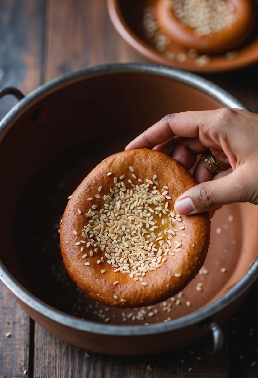 A sesame seed kulcha being baked in a traditional clay oven