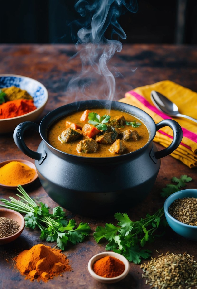 A steaming pot of vindaloo curry surrounded by colorful spices and herbs on a rustic kitchen counter