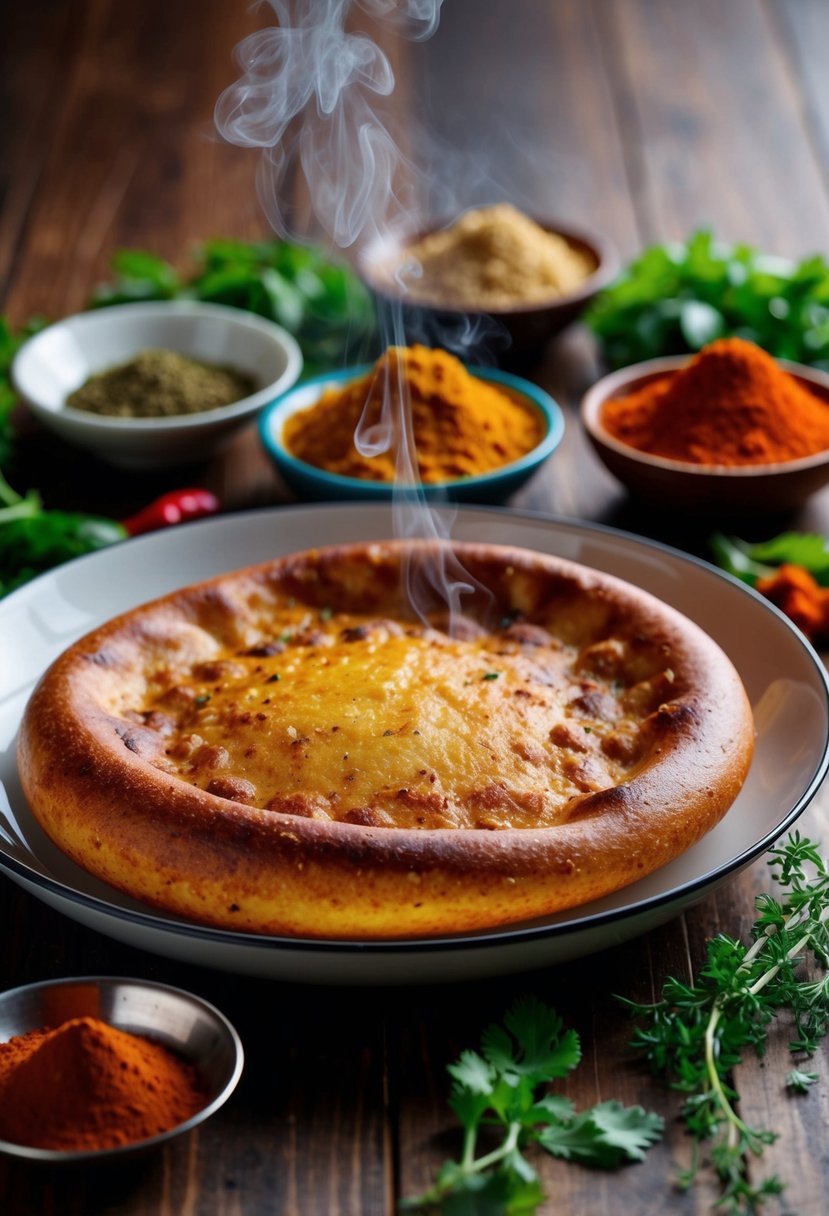 A table set with a steaming, golden-brown Punjabi Masala Kulcha, surrounded by colorful spices and fresh herbs