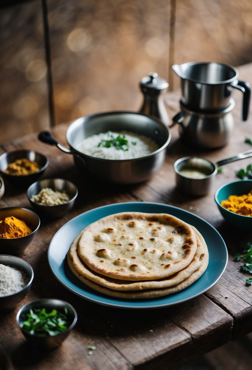 A rustic kitchen table with a plate of whole wheat kulcha, accompanied by various ingredients and utensils