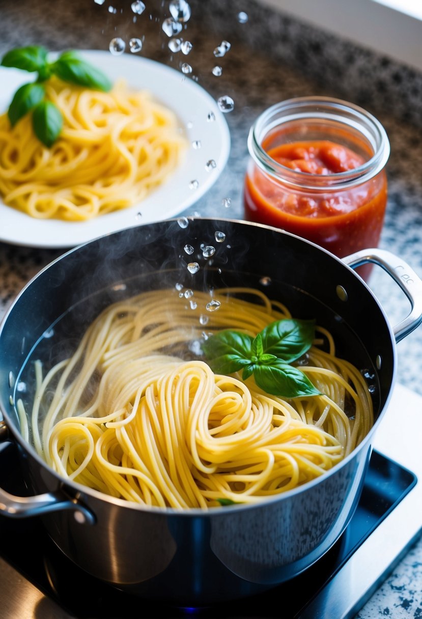 A pot of boiling water with pasta inside, a jar of tomato sauce, and a sprinkle of fresh basil on a countertop