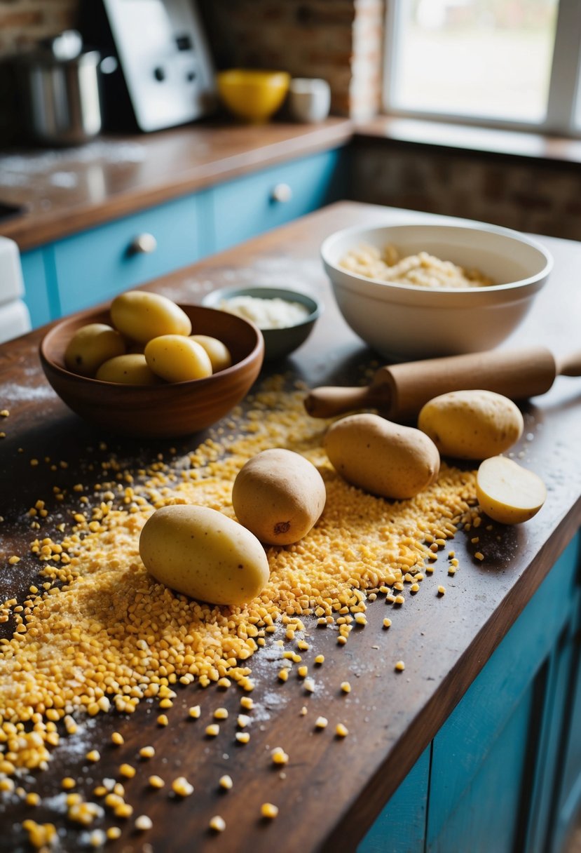 A rustic kitchen counter with scattered cornmeal and potatoes, alongside a rolling pin and a bowl of dough