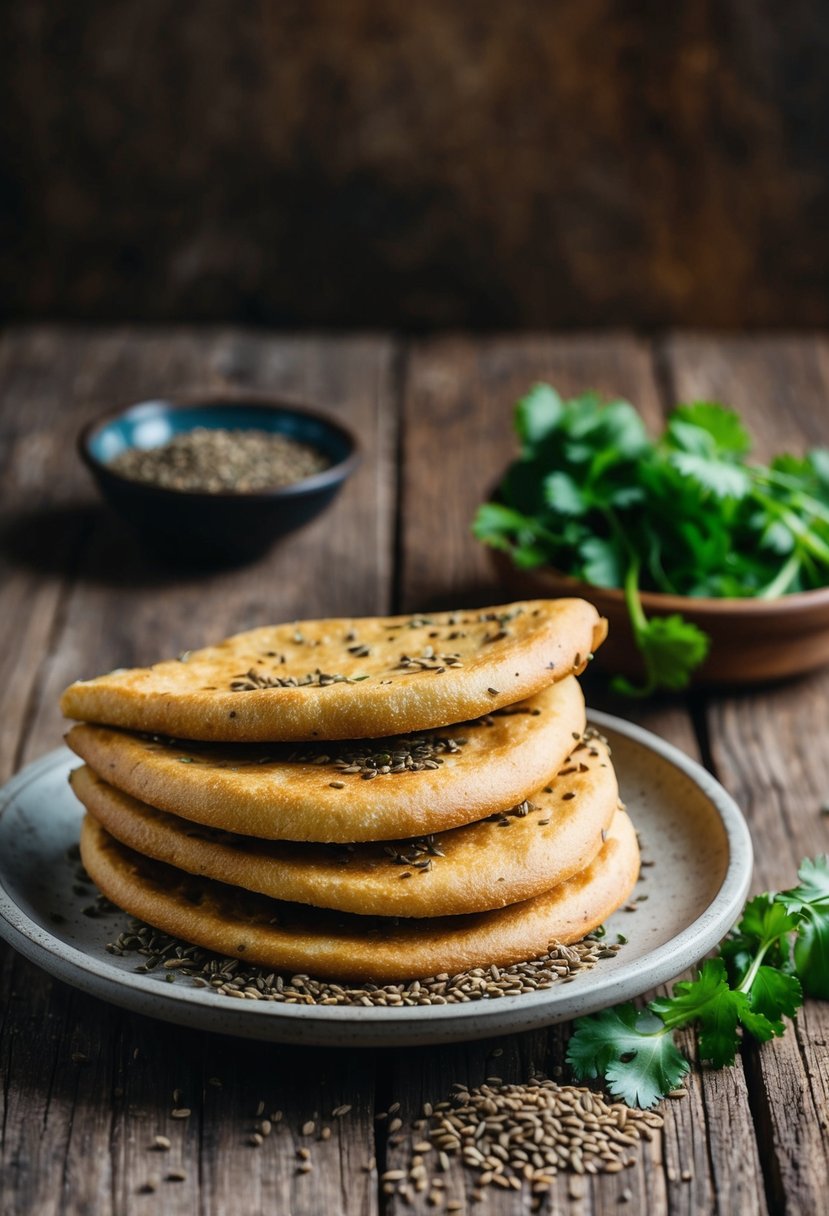 A pile of ajwain-flavored kulcha breads on a rustic wooden table with scattered ajwain seeds and a sprig of fresh coriander