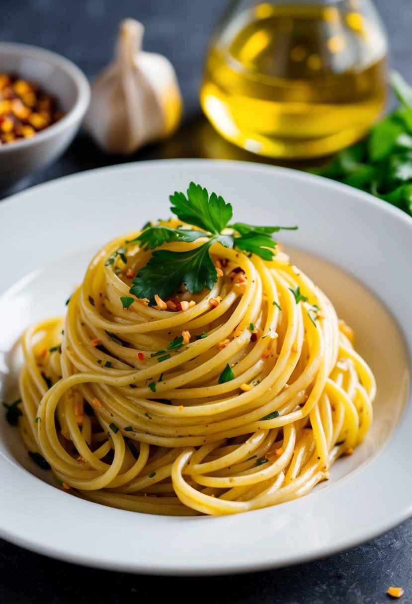 A steaming plate of spaghetti with garlic, olive oil, and red pepper flakes, garnished with fresh parsley