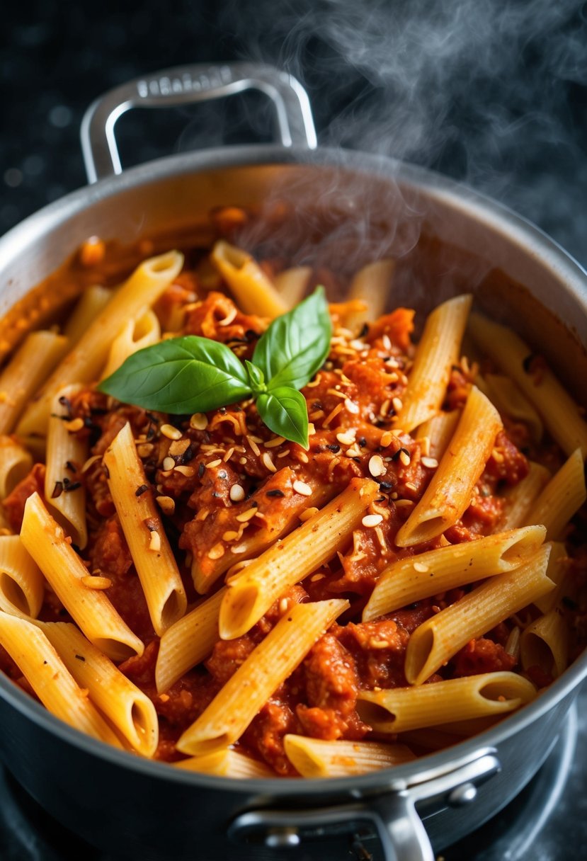 A steaming pot of penne pasta in a spicy tomato sauce, with crushed red pepper flakes and fresh basil on top