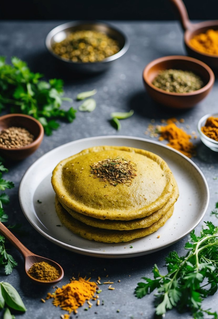 A plate of golden-brown Methi (Fenugreek) Kulcha surrounded by aromatic spices and fresh herbs