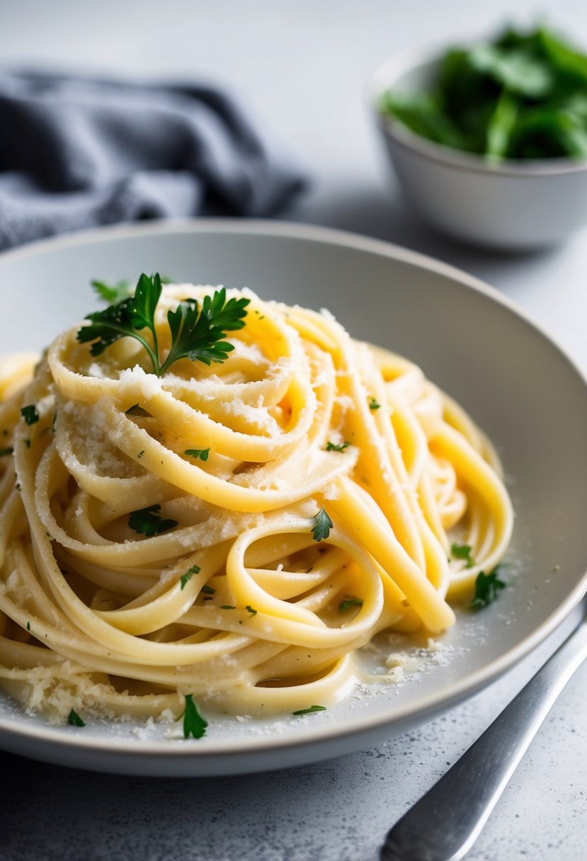 A steaming plate of fettuccine Alfredo with creamy sauce and grated cheese, garnished with fresh parsley