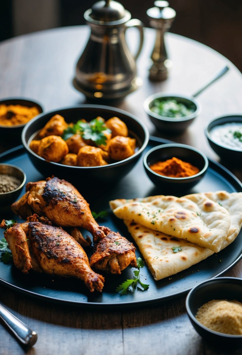 A table set with tandoori chicken, kulcha bread, and various spices