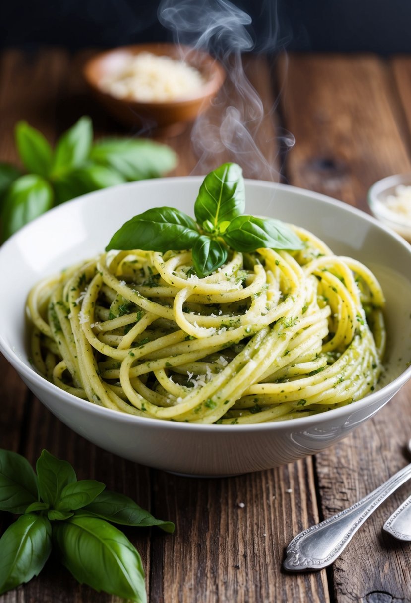 A steaming bowl of pesto pasta sits on a rustic wooden table, garnished with fresh basil leaves and a sprinkle of Parmesan cheese