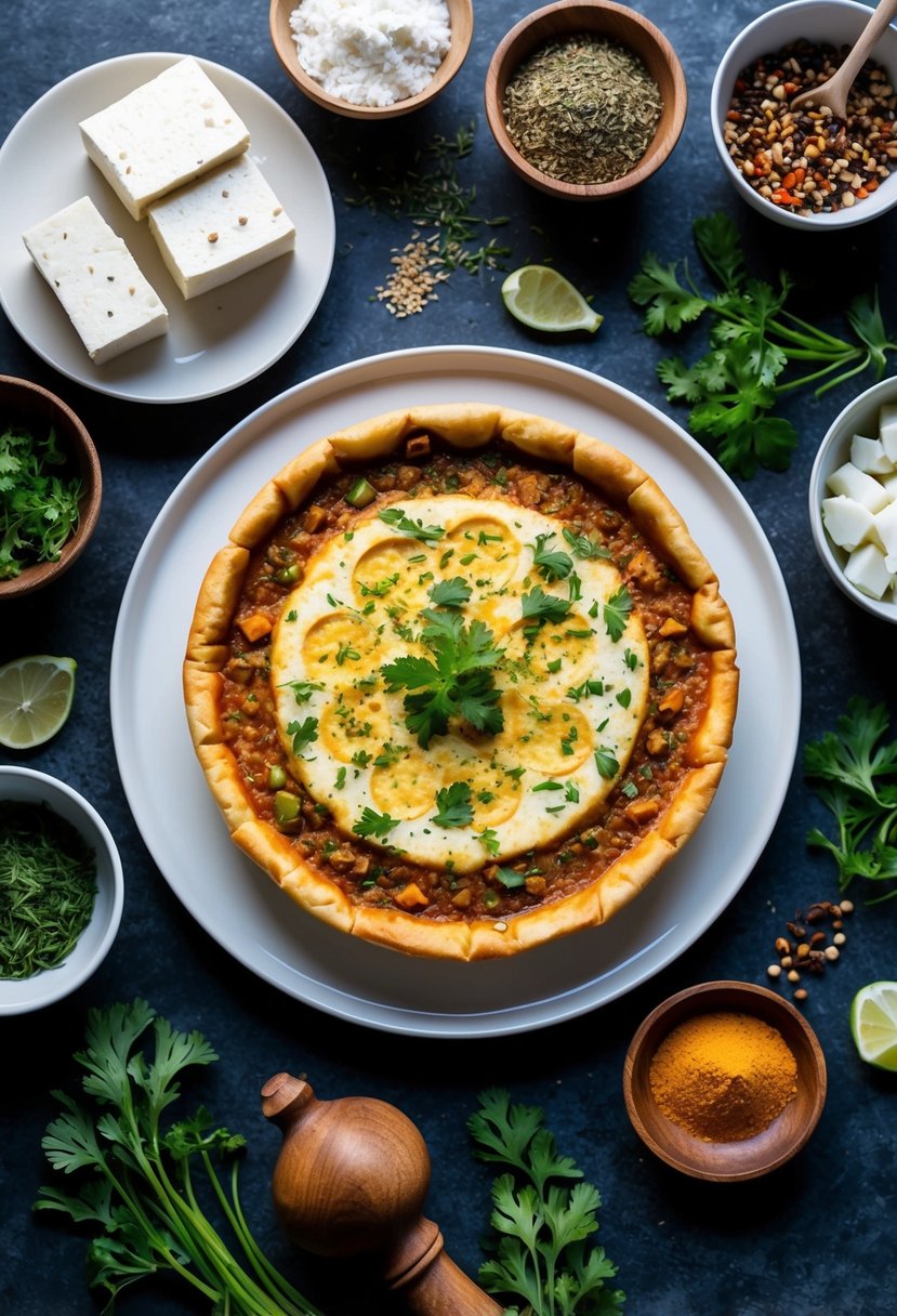 A plate of freshly baked vegan tofu kulcha surrounded by ingredients like tofu, herbs, and spices