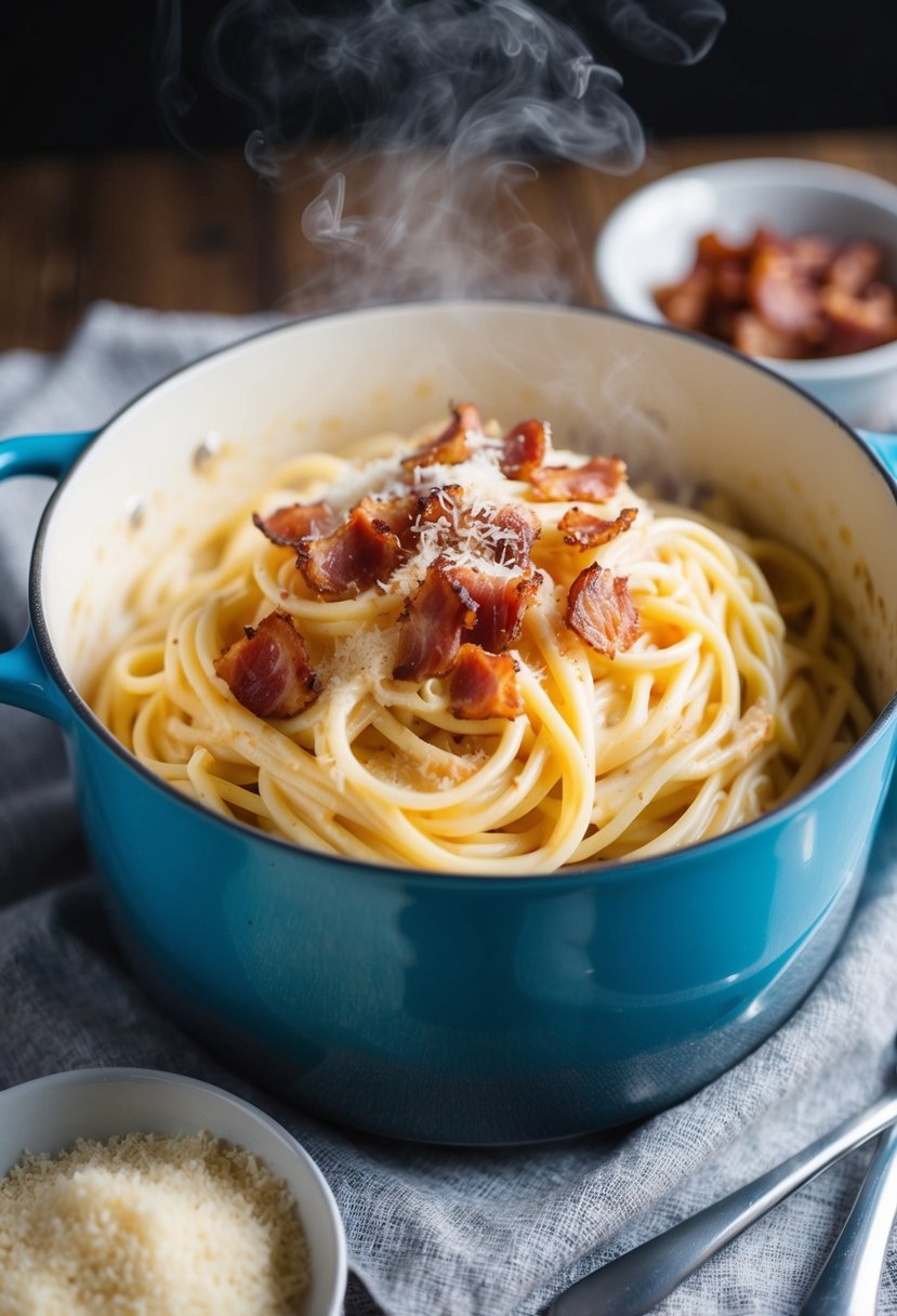 A steaming pot of pasta with creamy carbonara sauce, garnished with crispy bacon and freshly grated Parmesan cheese