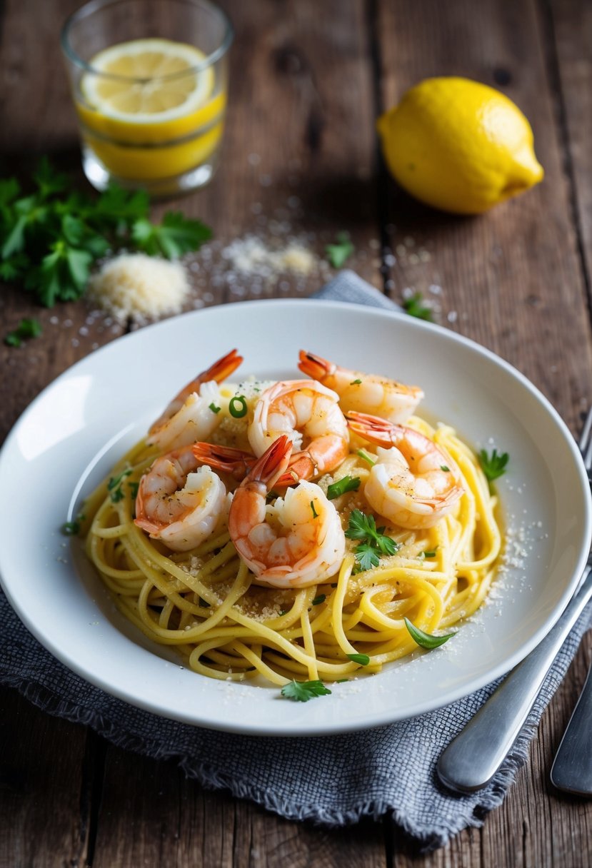 A steaming plate of lemon garlic shrimp pasta, garnished with fresh herbs and a sprinkle of parmesan, sits on a rustic wooden table