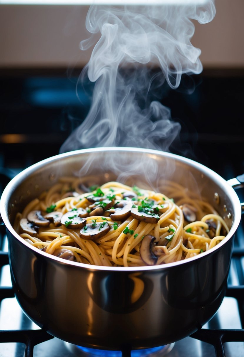 A pot of creamy mushroom pasta simmers on the stove, steam rising as the pasta is tossed in a rich, savory sauce