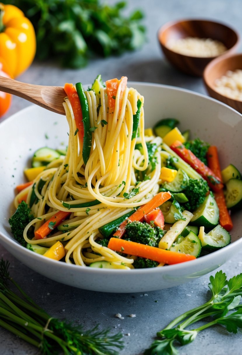 A colorful array of fresh vegetables being tossed with al dente pasta in a light, herb-infused sauce