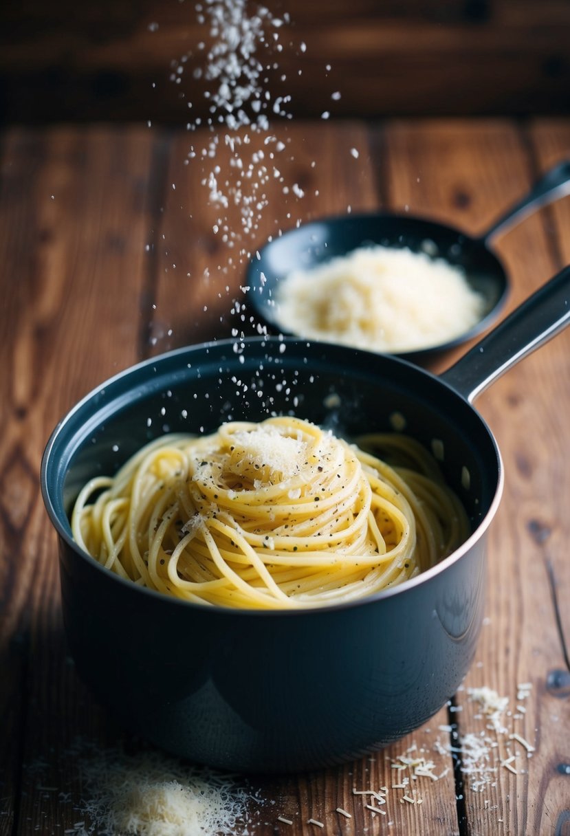 A pot of boiling pasta with freshly cracked black pepper and grated cheese on a wooden table