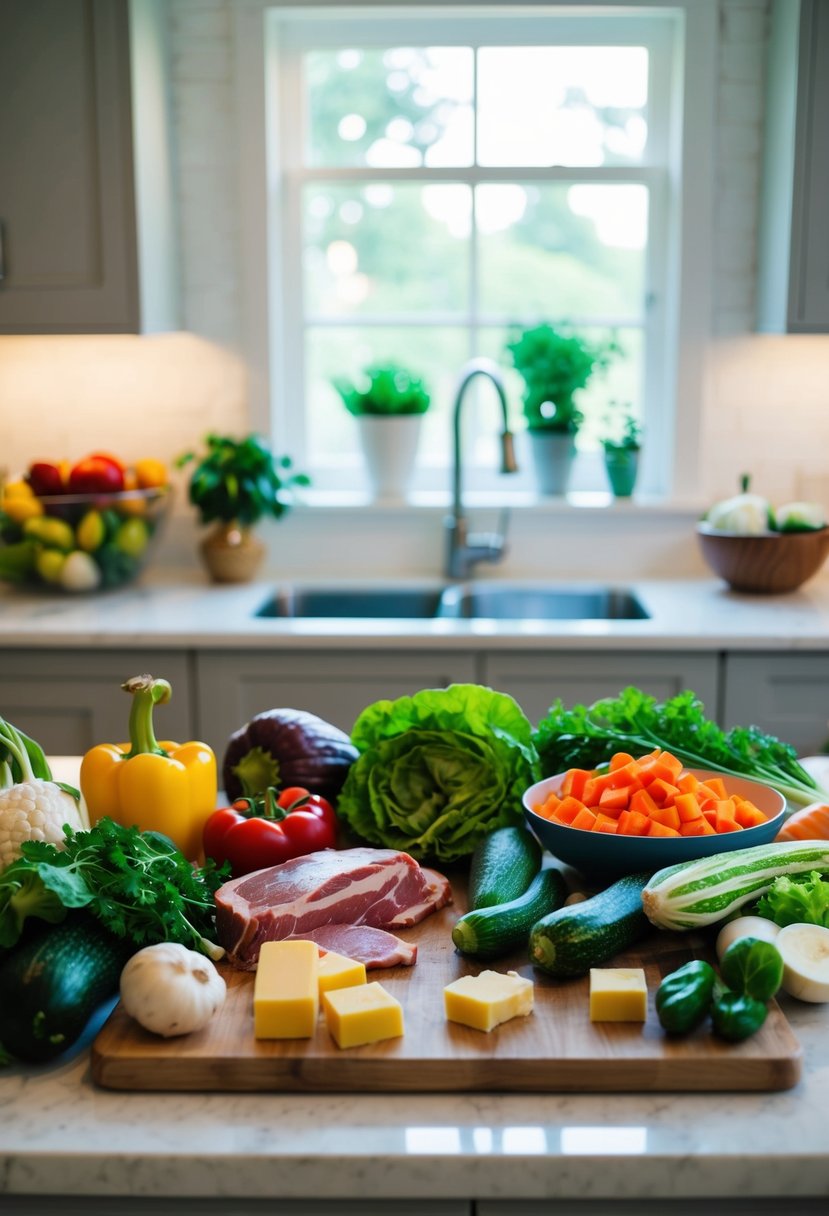 A kitchen counter with various colorful vegetables, meats, and healthy fats arranged for cooking ketogenic diet recipes