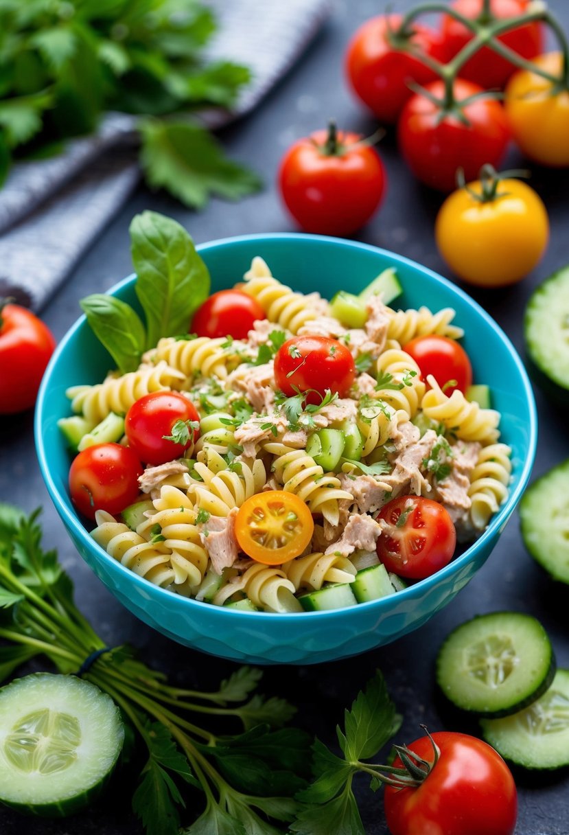 A colorful bowl of tuna pasta salad surrounded by fresh ingredients like cherry tomatoes, cucumber, and herbs