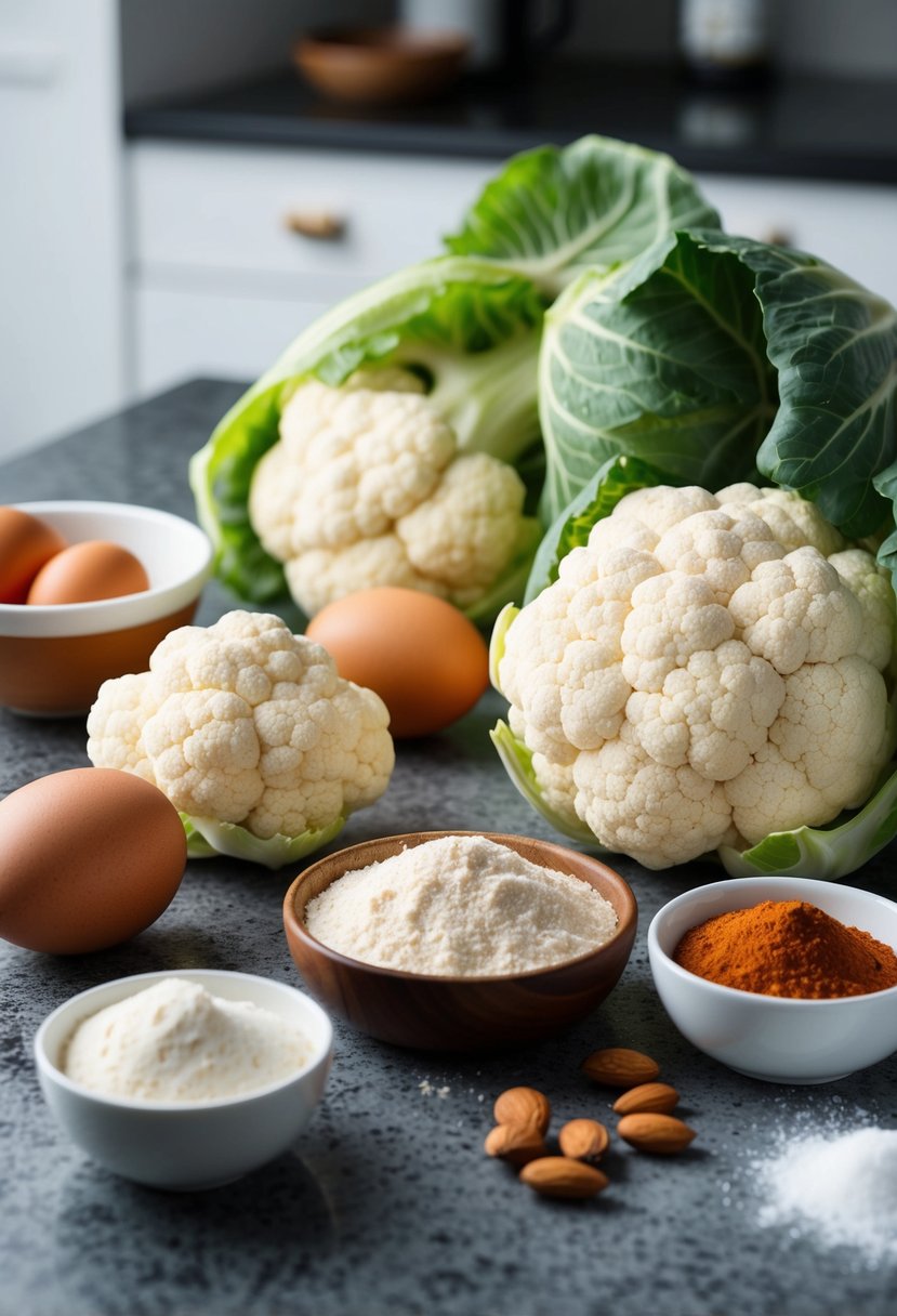 Fresh cauliflower, almond flour, eggs, and spices laid out on a kitchen counter, ready to be mixed and formed into a pizza crust