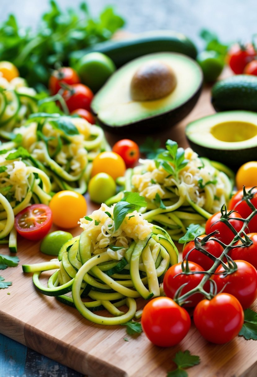 A colorful array of zucchini noodles, avocado, cherry tomatoes, and herbs arranged on a wooden cutting board