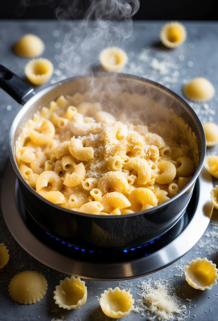 A steaming pot of creamy mac and cheese bubbling on the stove, surrounded by scattered pasta shells and a sprinkle of grated cheese