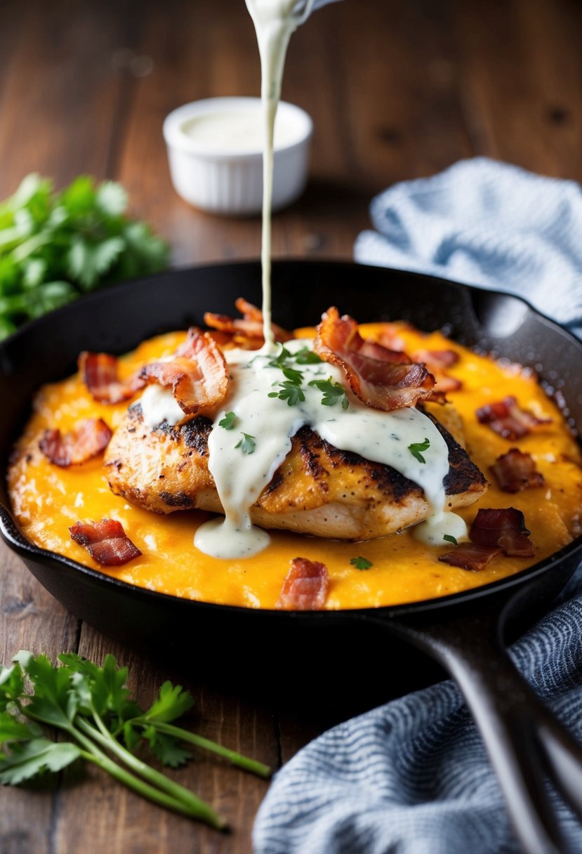 A sizzling skillet with grilled chicken topped with melted cheese, crispy bacon, and drizzled with creamy ranch dressing