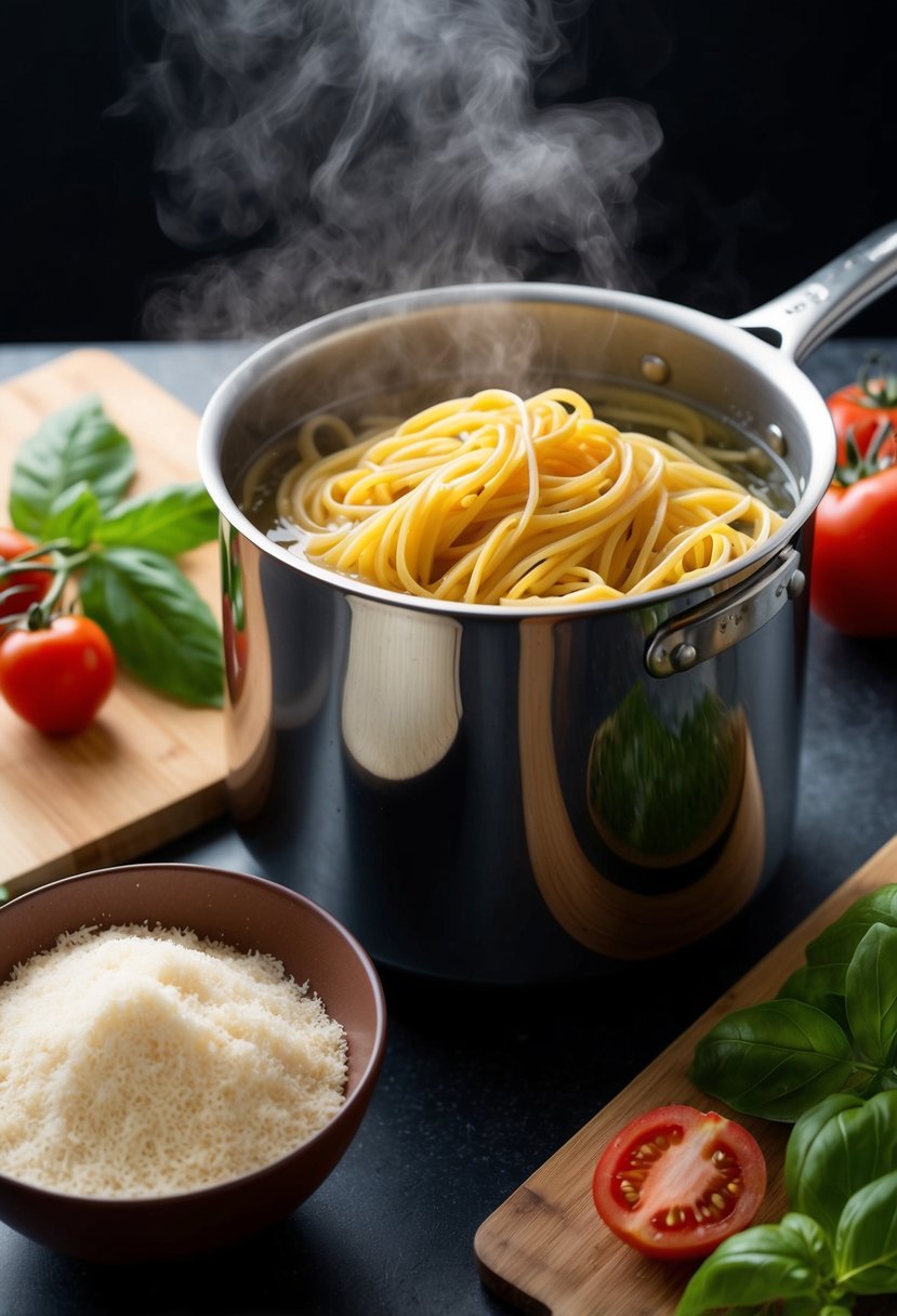 A pot of boiling water with pasta, a cutting board with fresh basil and tomatoes, and a bowl of grated parmesan cheese