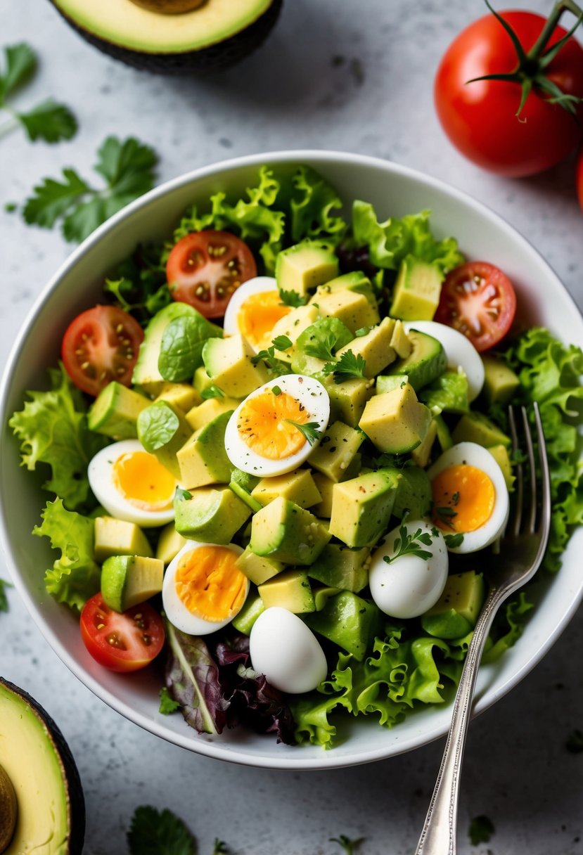 A bowl of avocado egg salad surrounded by fresh ingredients like lettuce, tomatoes, and herbs, with a fork on the side