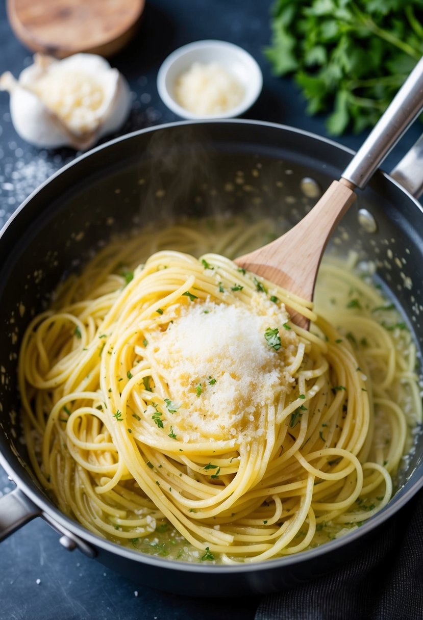 A pot of boiling pasta being stirred with garlic and butter in a pan. A sprinkle of herbs and grated cheese on top