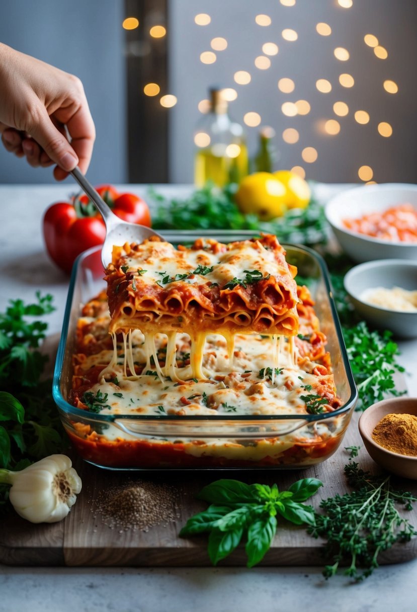 A colorful array of lasagna ingredients being layered in a glass baking dish, surrounded by fresh herbs and spices