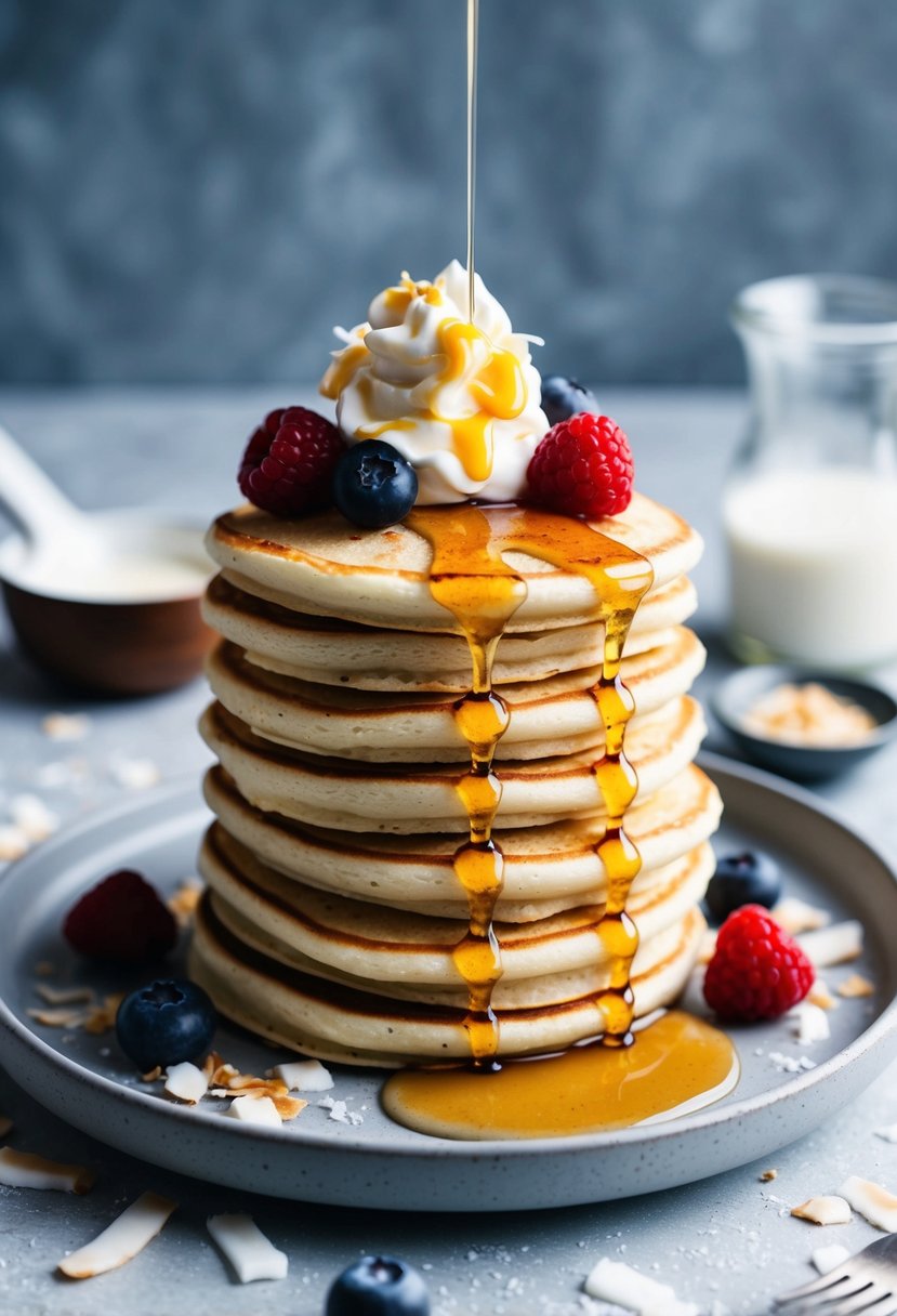 A stack of coconut flour pancakes with berries and a dollop of whipped cream on a plate, surrounded by coconut flakes and a drizzle of sugar-free syrup