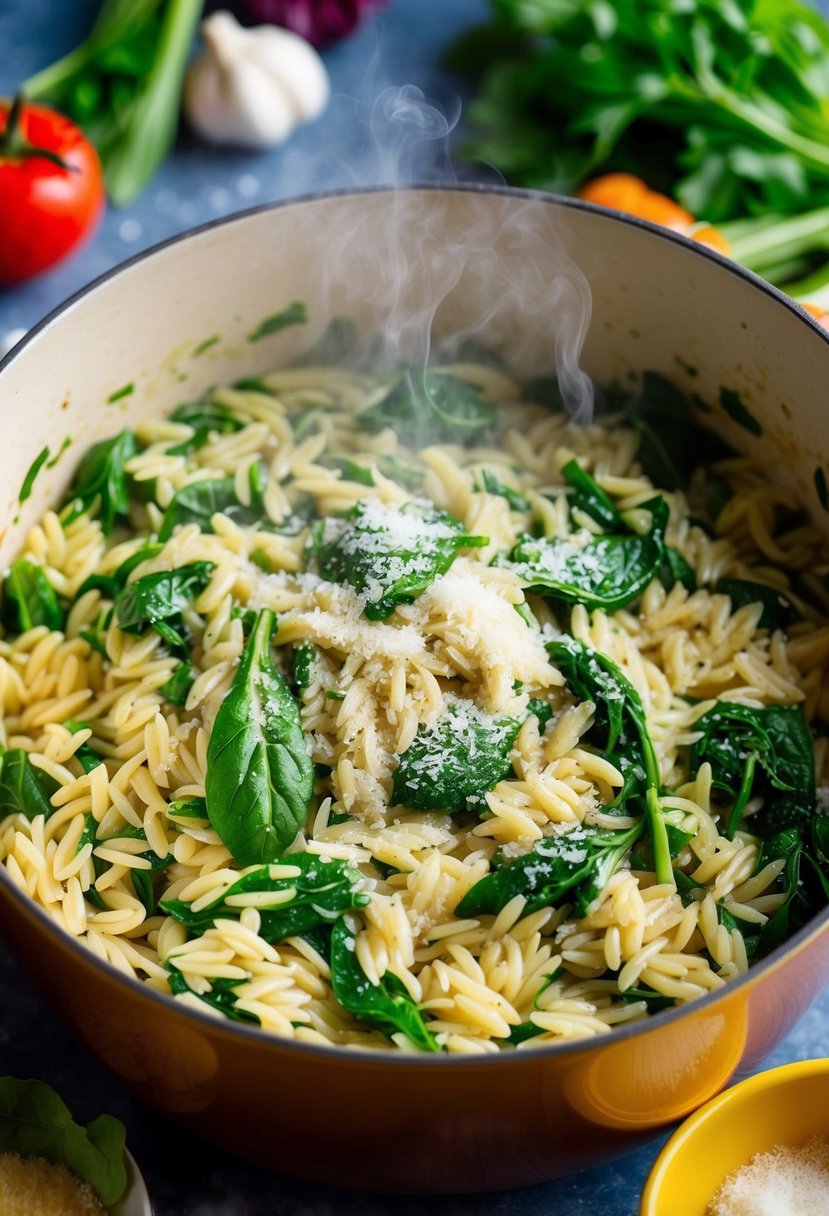 A steaming pot of orzo pasta mixed with fresh spinach and grated parmesan, surrounded by colorful vegetables and herbs