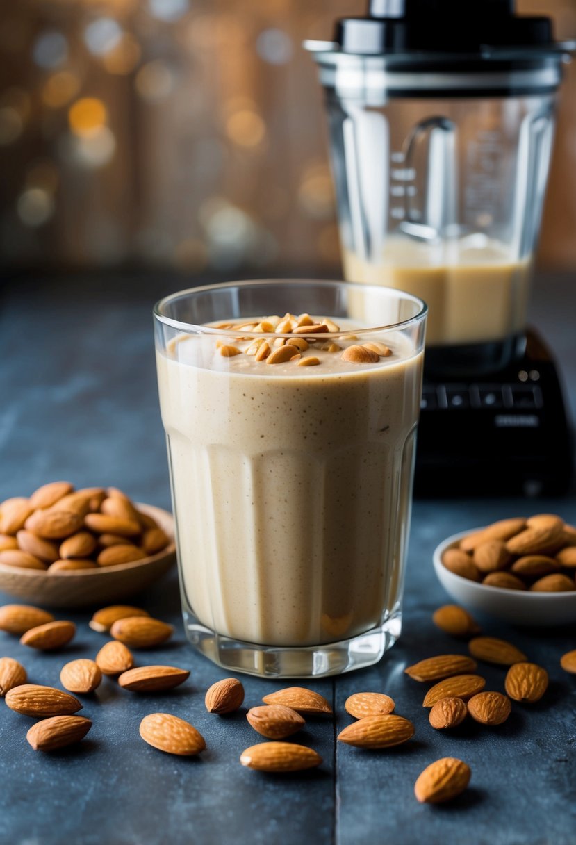 A glass filled with creamy almond butter smoothie surrounded by scattered almonds and a blender