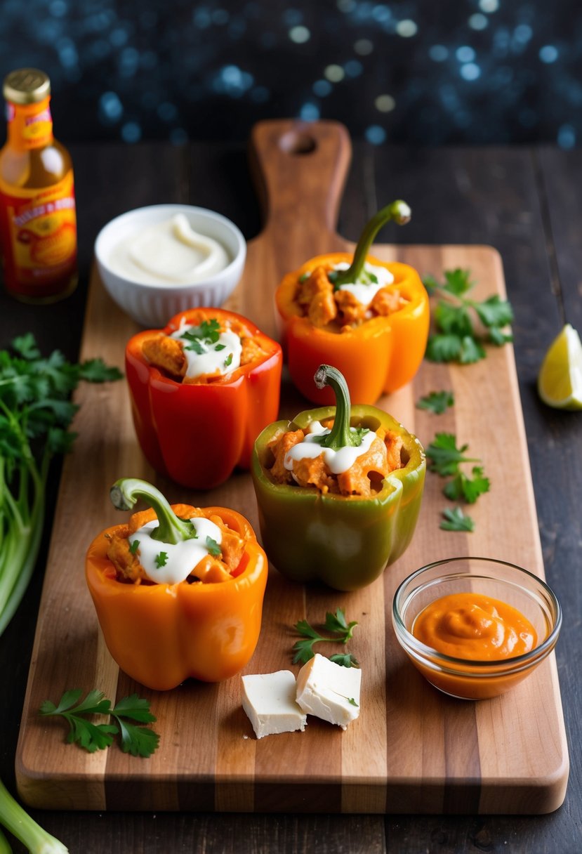 Buffalo chicken stuffed peppers on a wooden cutting board with ingredients such as chicken, cream cheese, and hot sauce arranged around it