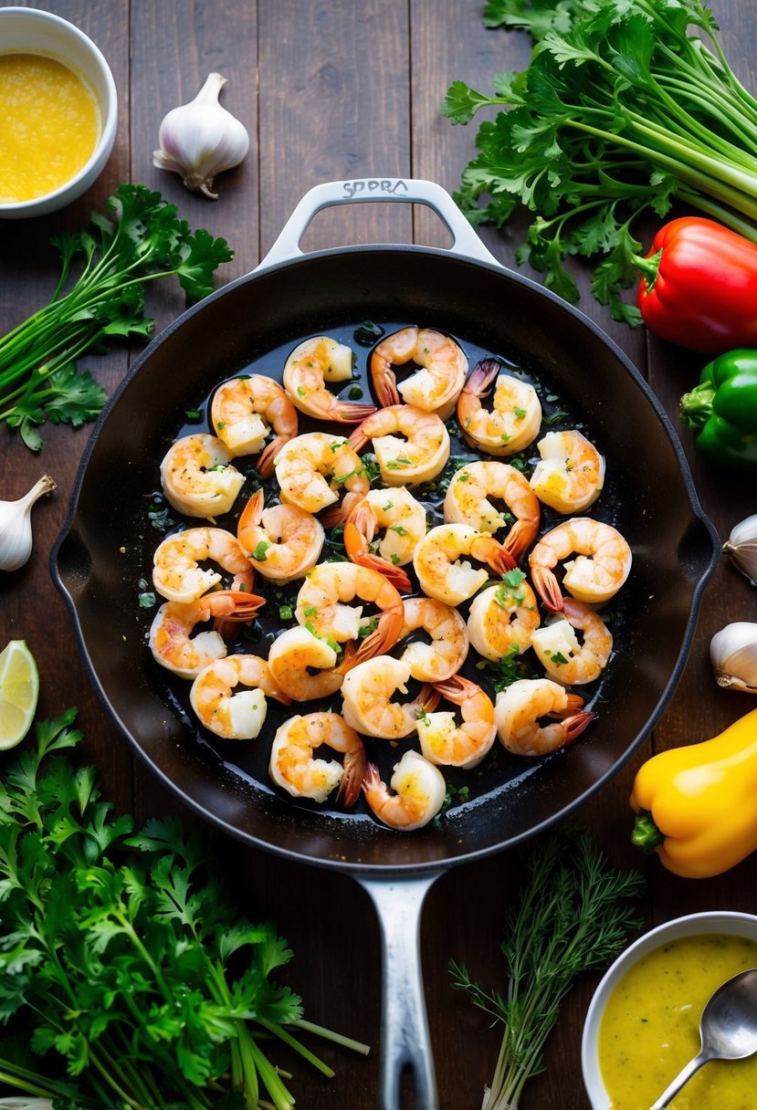 A sizzling skillet of garlic butter shrimp surrounded by colorful low-carb vegetables and herbs