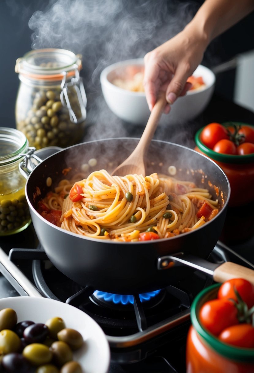 A steaming pot of Pasta Puttanesca simmers on a stove, surrounded by jars of olives, capers, and tomatoes. A wooden spoon stirs the fragrant sauce