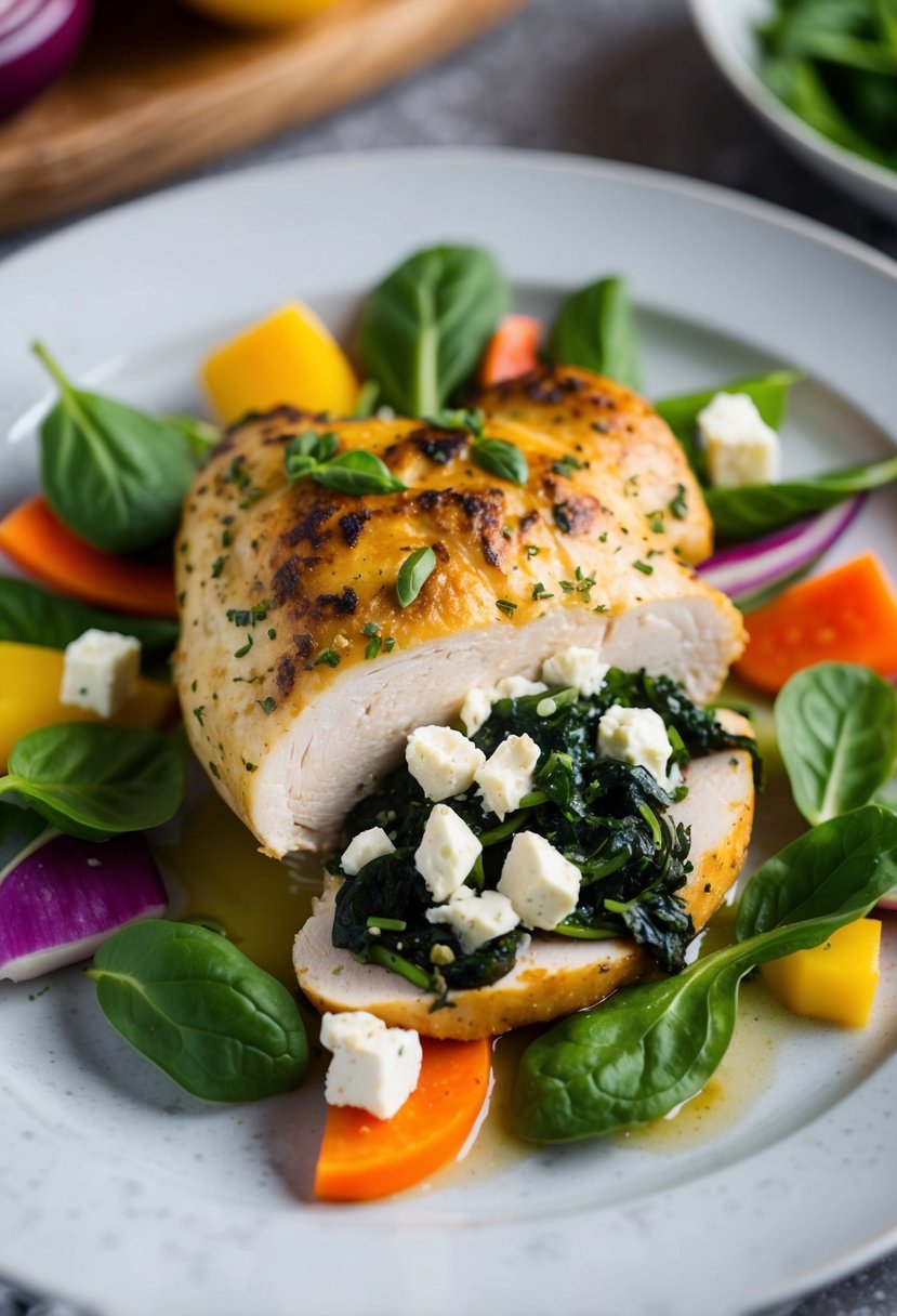 A plump chicken breast stuffed with spinach and feta, surrounded by colorful low-carb vegetables on a plate